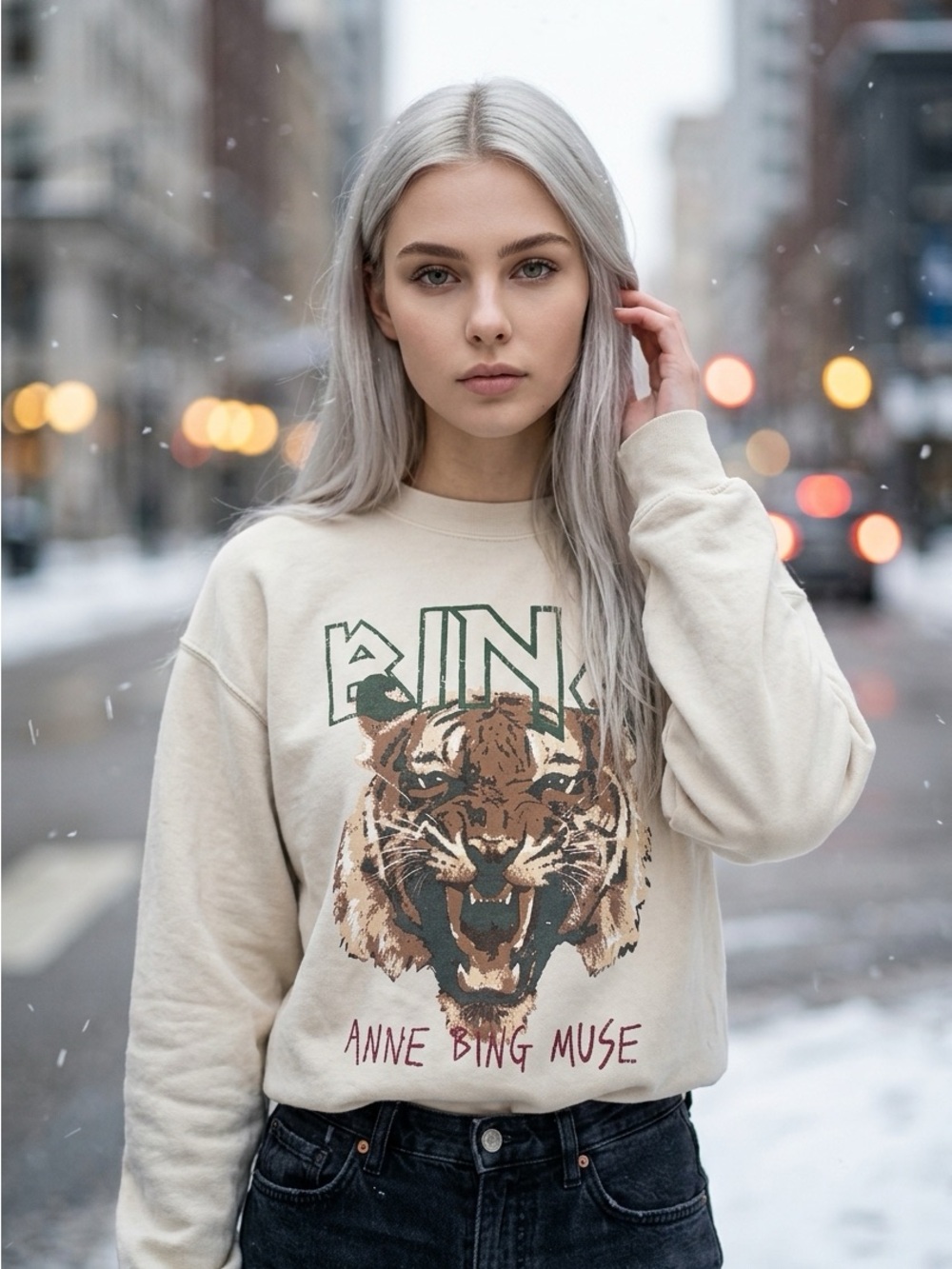 Anine Bing Cream Tiger Graphic Crewneck Sweatshirt